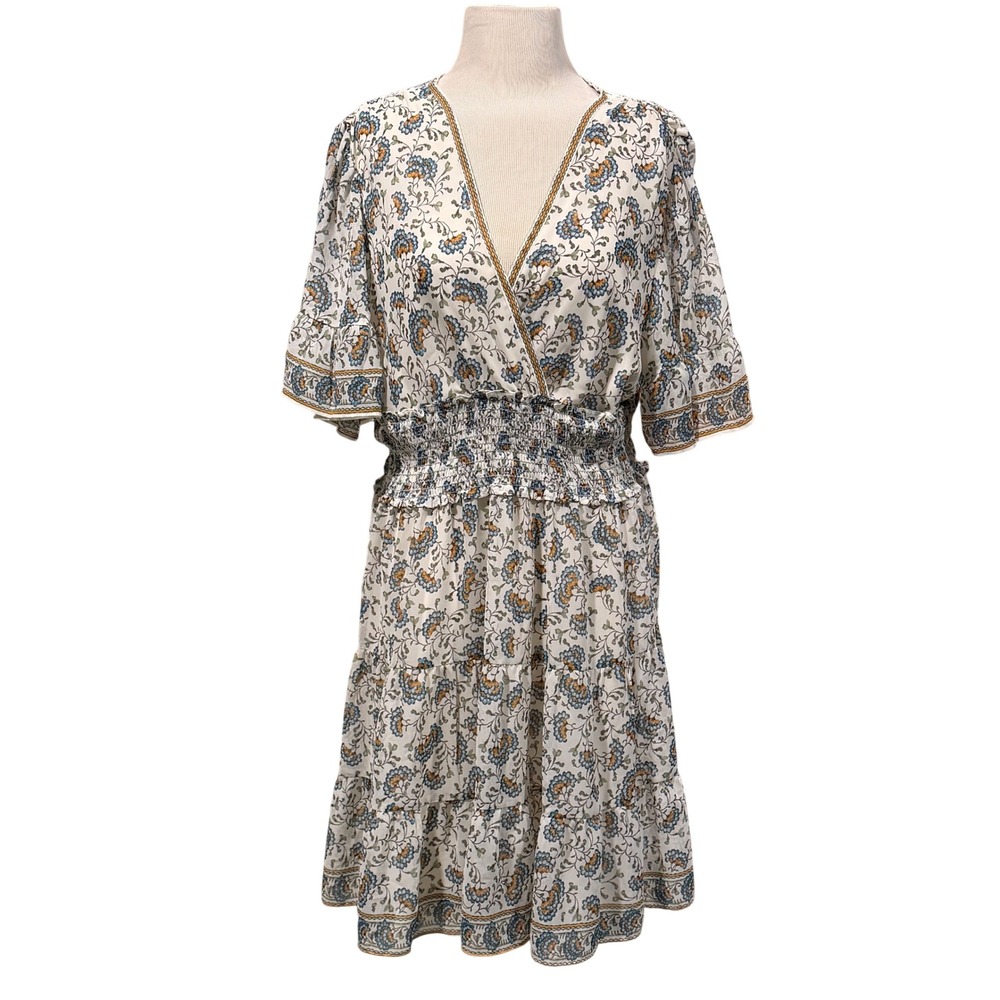 Floral Smocked Waist Tiered Mini Dress Floral Boho Peasant Flutter Sleeve Vneck